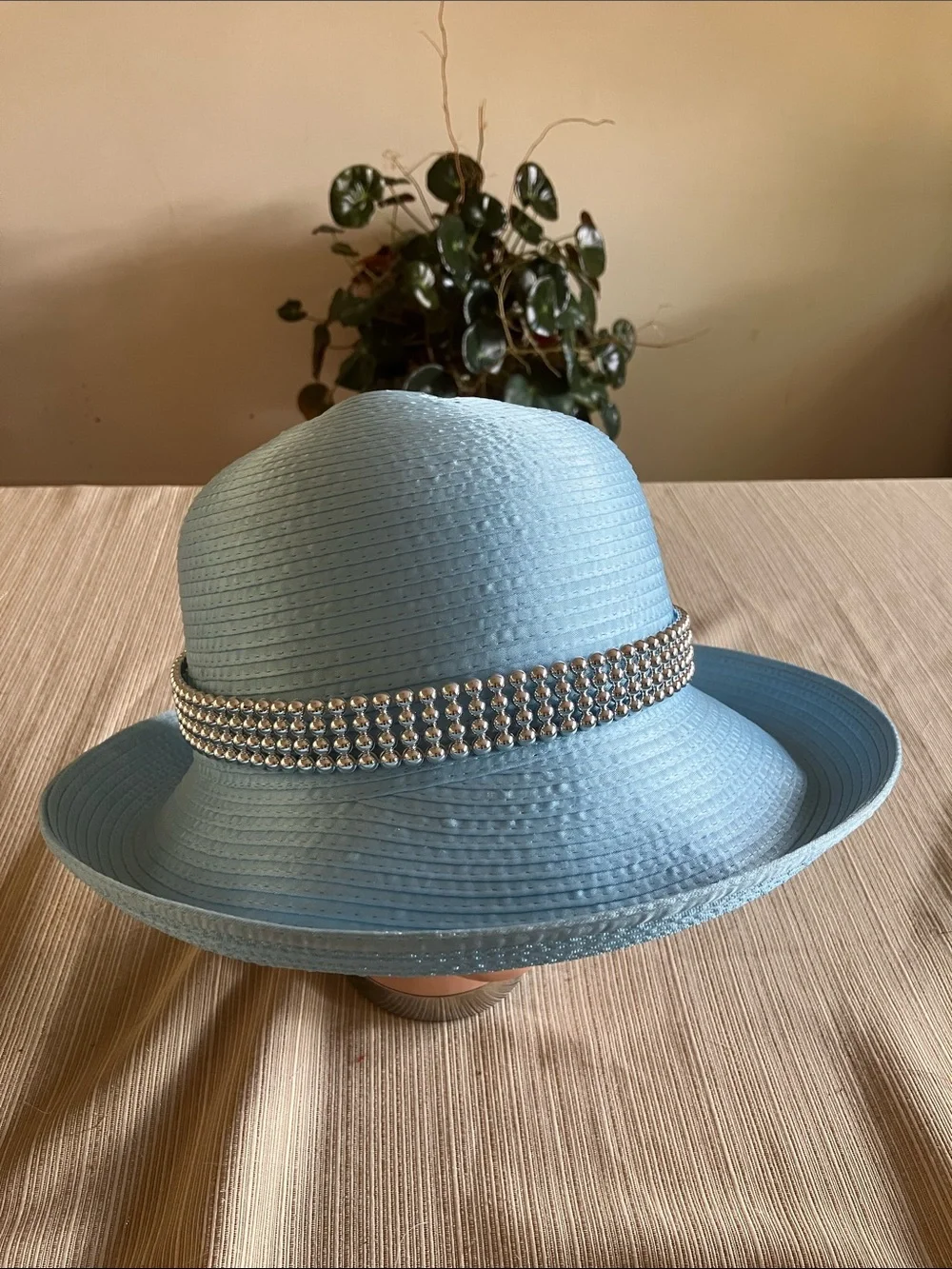 Chic Light Blue Satin Ribbon Hat with Silver Beaded Band